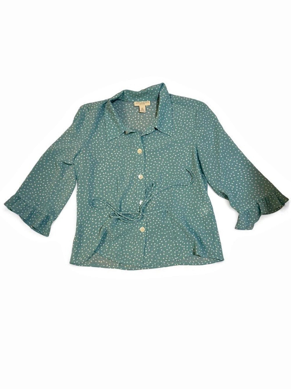 Appleseed's Polka Dot Button Front Blouse in Green & Pink Size Medium